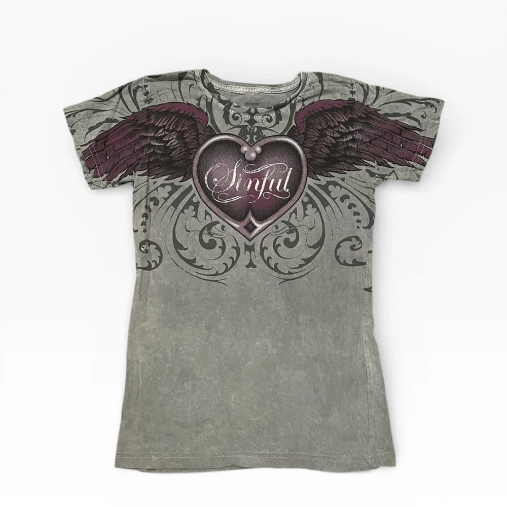 Sinful Women’s Y2K Tee with Heart and Wings Design - Picture 6 of 6